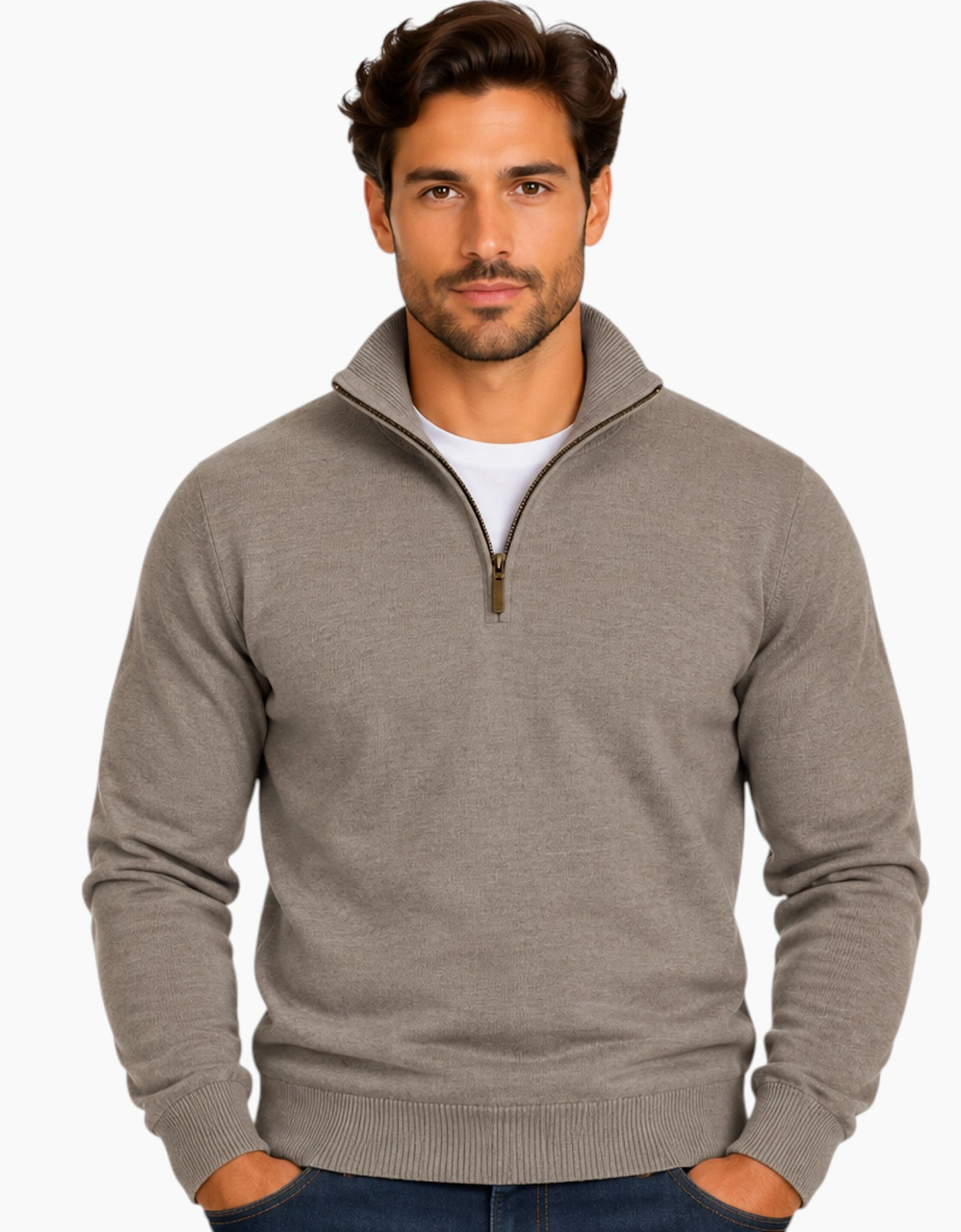 Mens Quarter Zip Sweatshirt Long Sleeve Slim Fit Premium Textured Cotton Jumper
