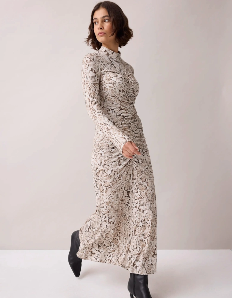 Neutral Snake Print Ruched Front Jersey Midi Dress
