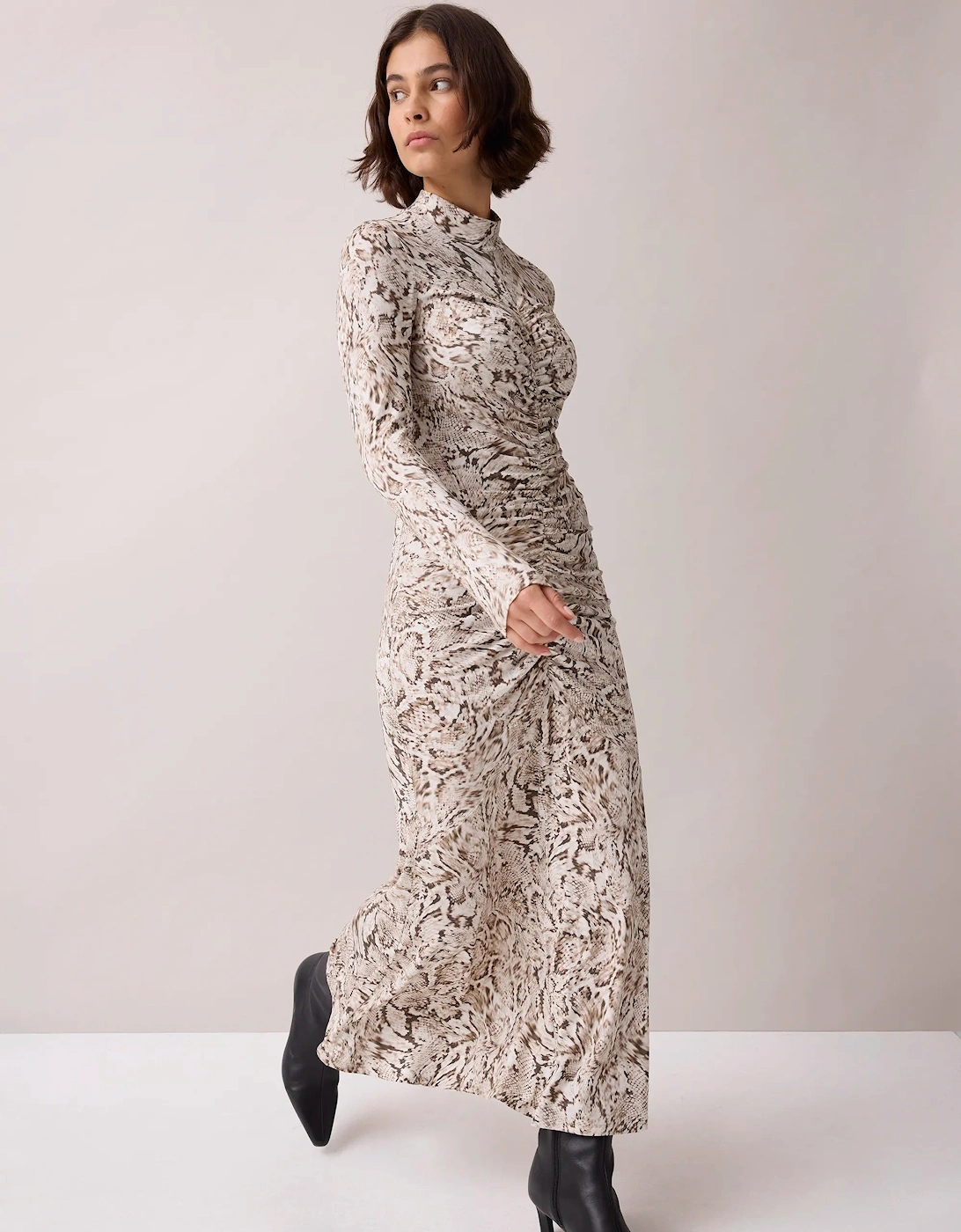 Neutral Snake Print Ruched Front Jersey Midi Dress