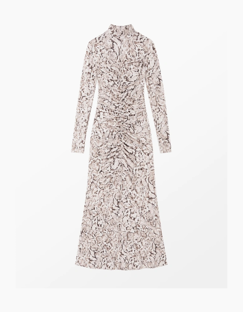 Neutral Snake Print Ruched Front Jersey Midi Dress