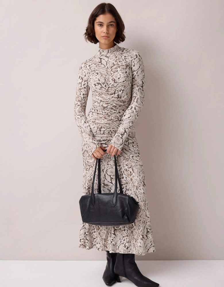 Neutral Snake Print Ruched Front Jersey Midi Dress