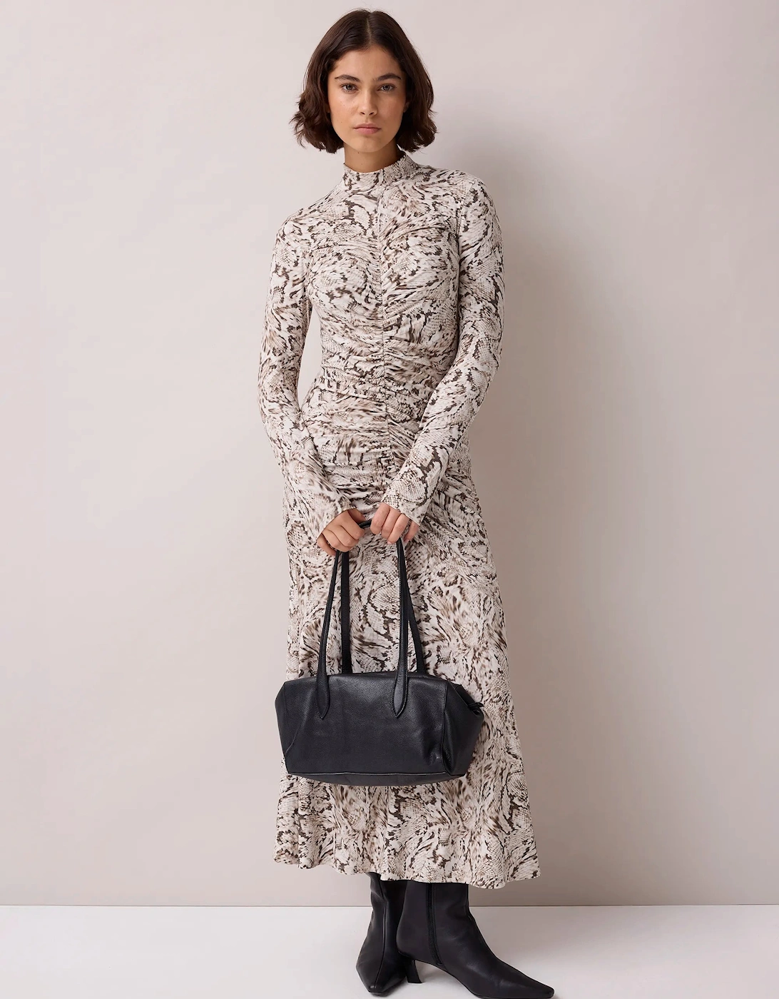 Neutral Snake Print Ruched Front Jersey Midi Dress