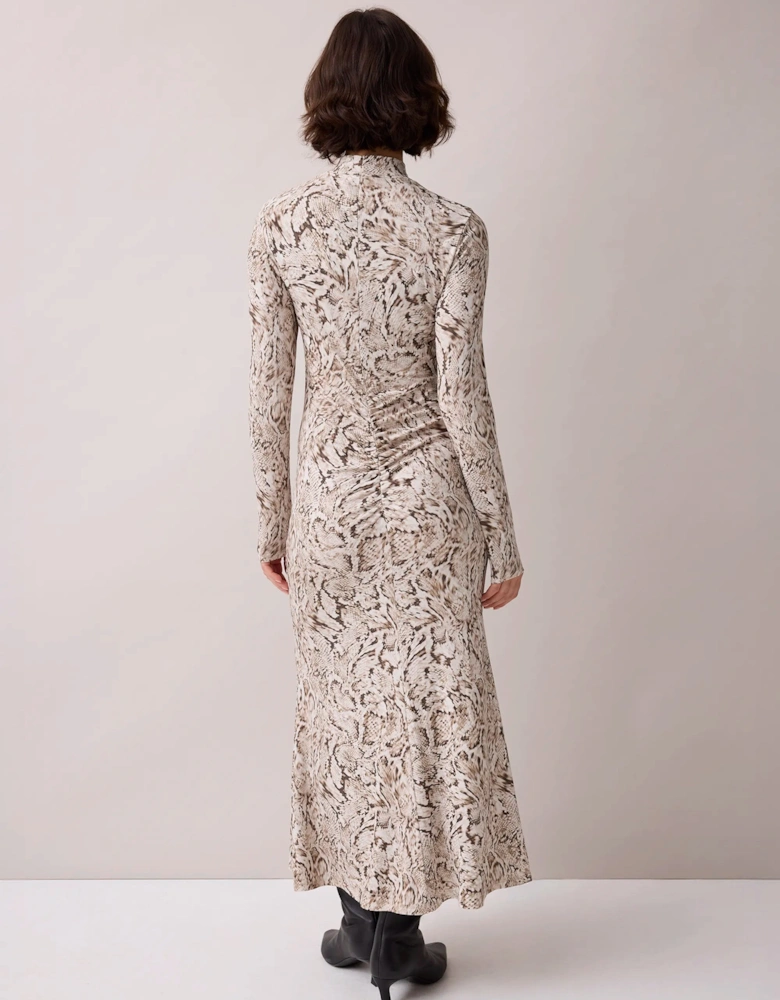 Neutral Snake Print Ruched Front Jersey Midi Dress