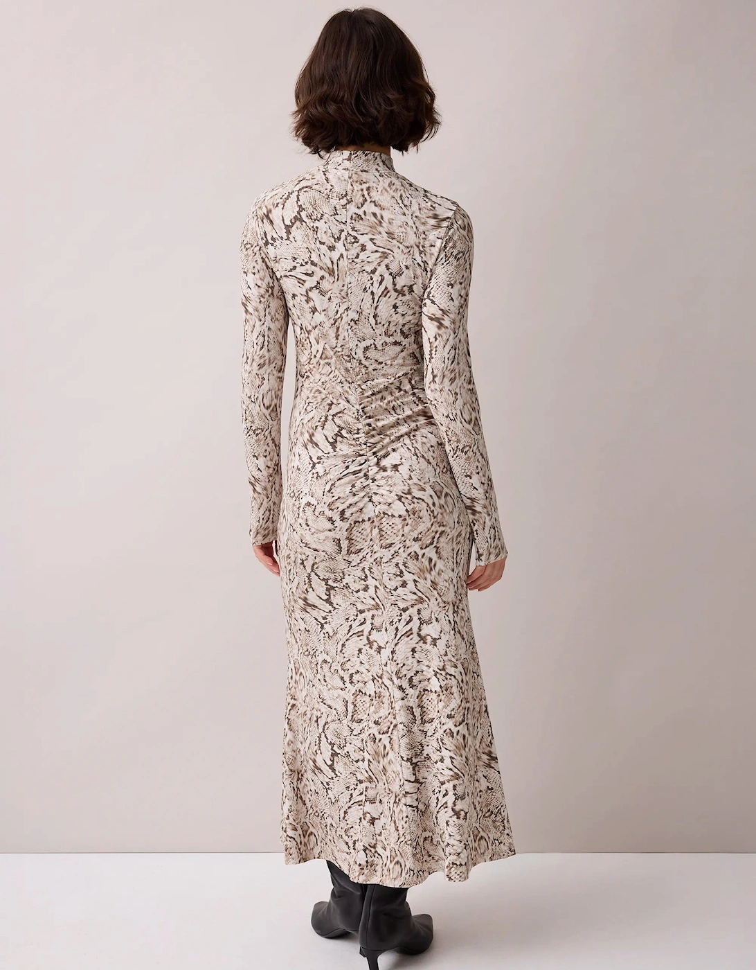 Neutral Snake Print Ruched Front Jersey Midi Dress