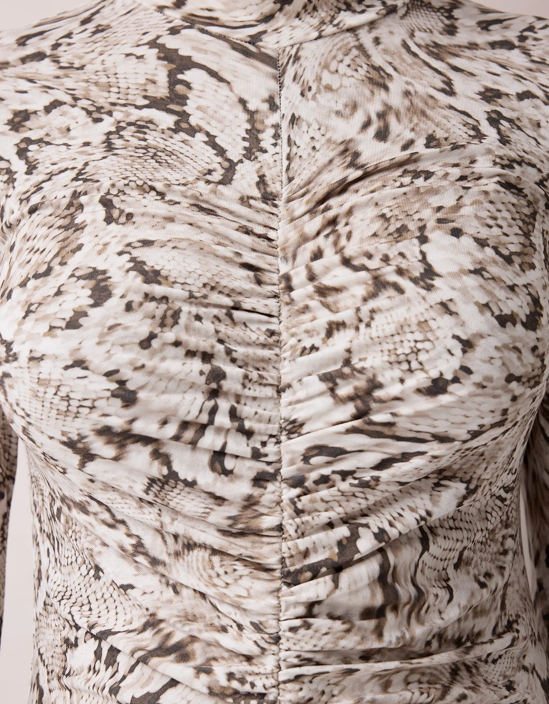 Neutral Snake Print Ruched Front Jersey Midi Dress