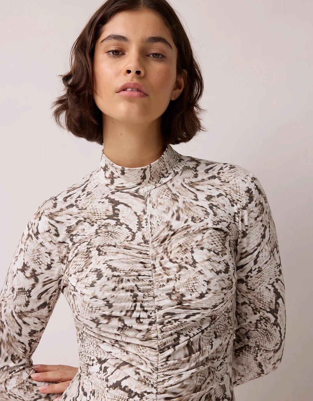 Neutral Snake Print Ruched Front Jersey Midi Dress