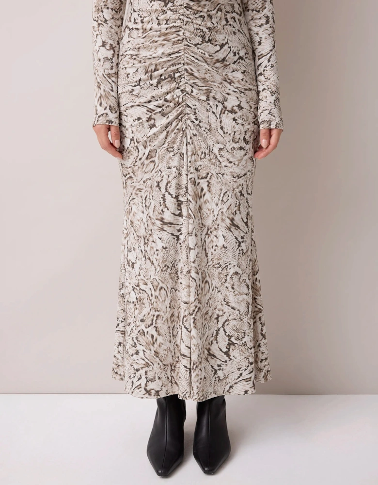Neutral Snake Print Ruched Front Jersey Midi Dress