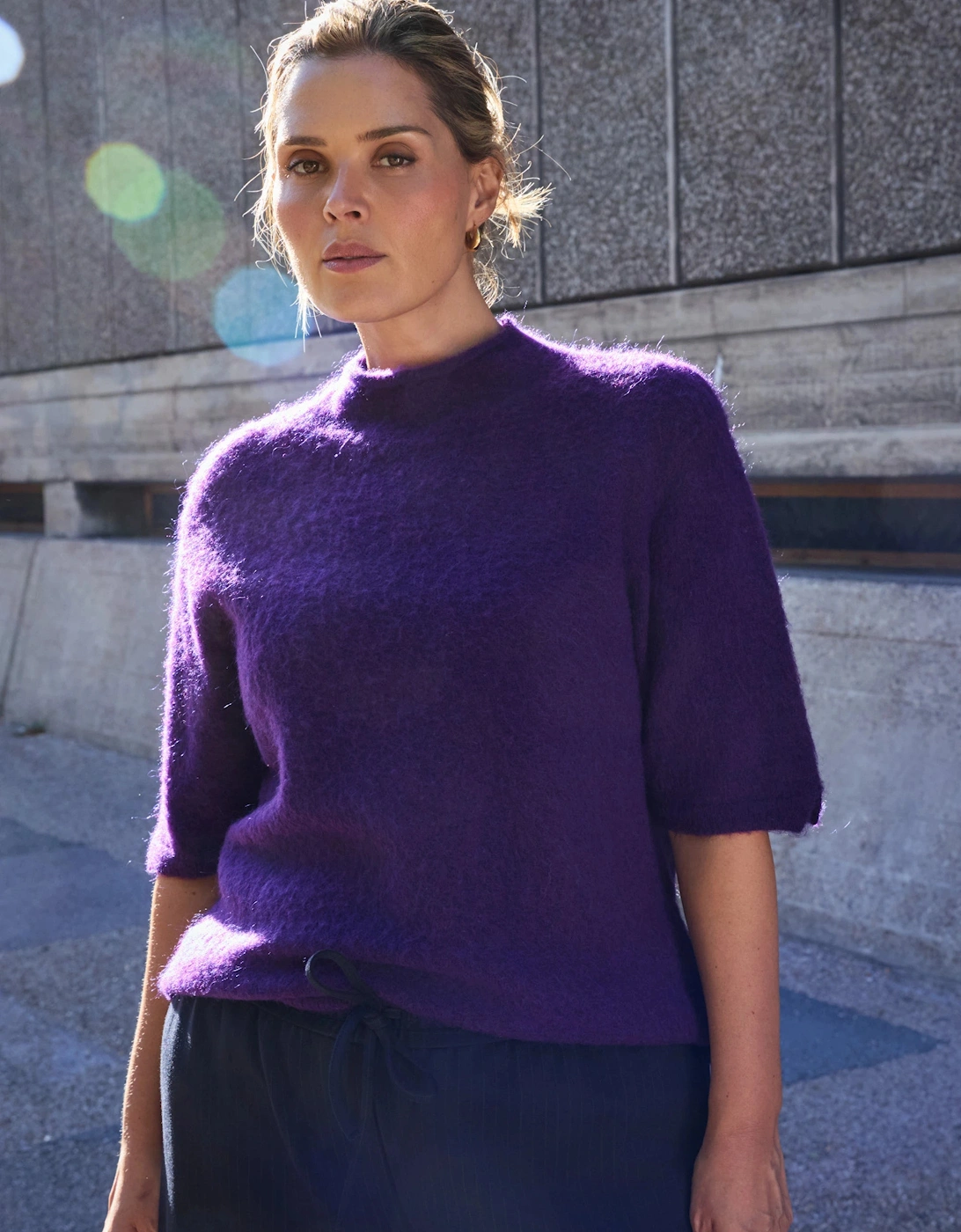 Purple Moss Yarn Knitted Short Sleeve Jumper With Mohair