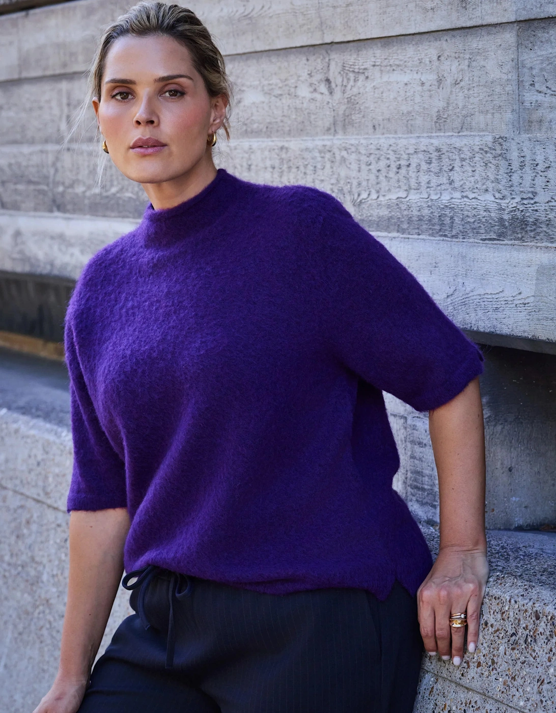 Purple Moss Yarn Knitted Short Sleeve Jumper With Mohair