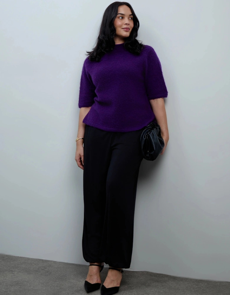 Purple Moss Yarn Knitted Short Sleeve Jumper With Mohair