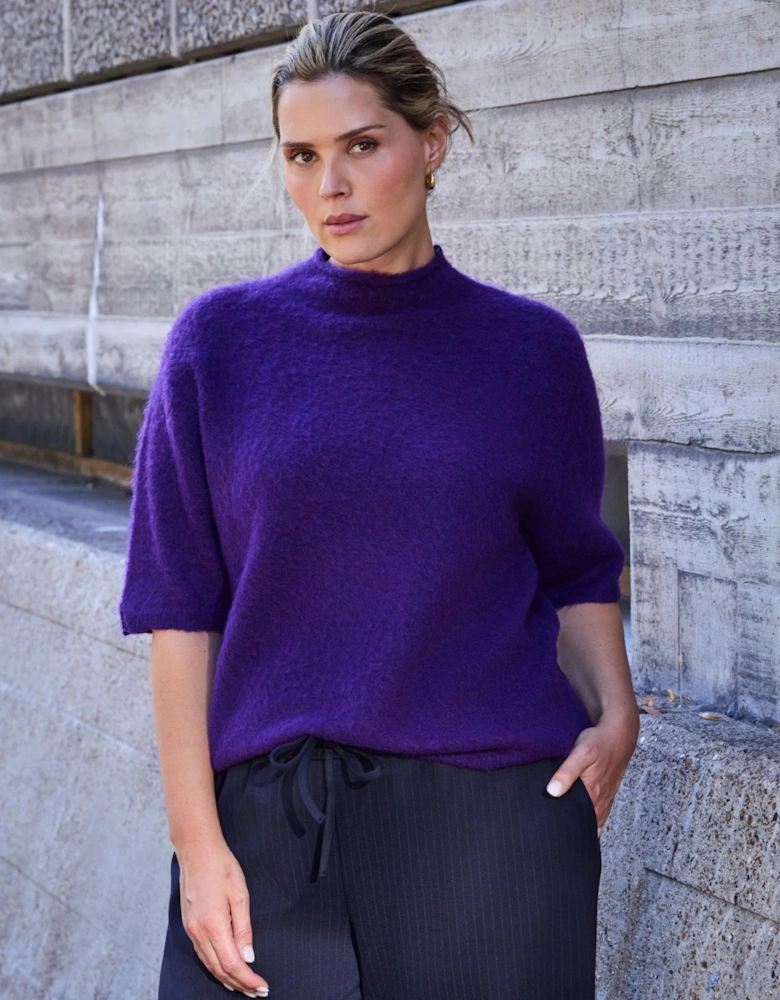 Purple Moss Yarn Knitted Short Sleeve Jumper With Mohair