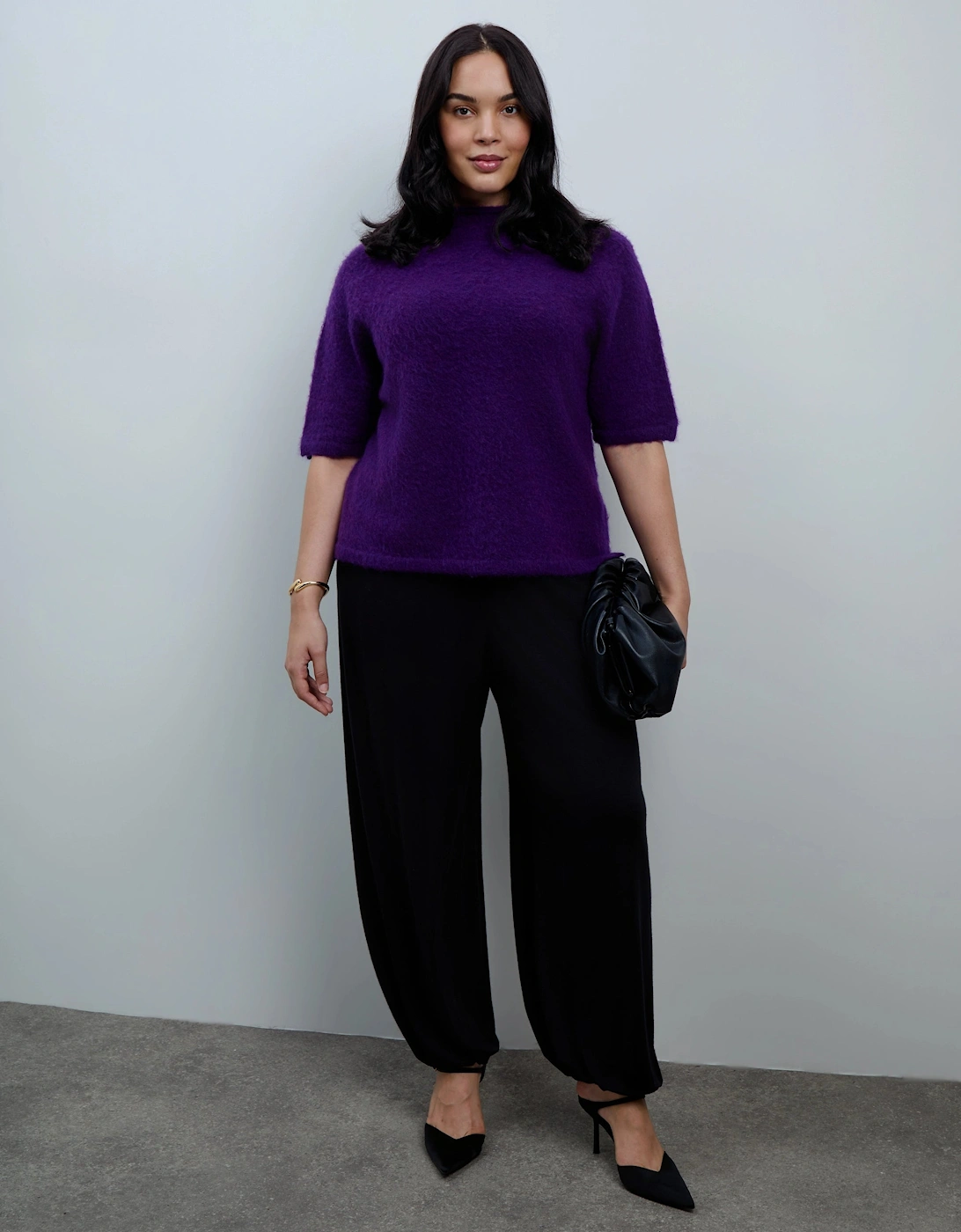 Purple Moss Yarn Knitted Short Sleeve Jumper With Mohair