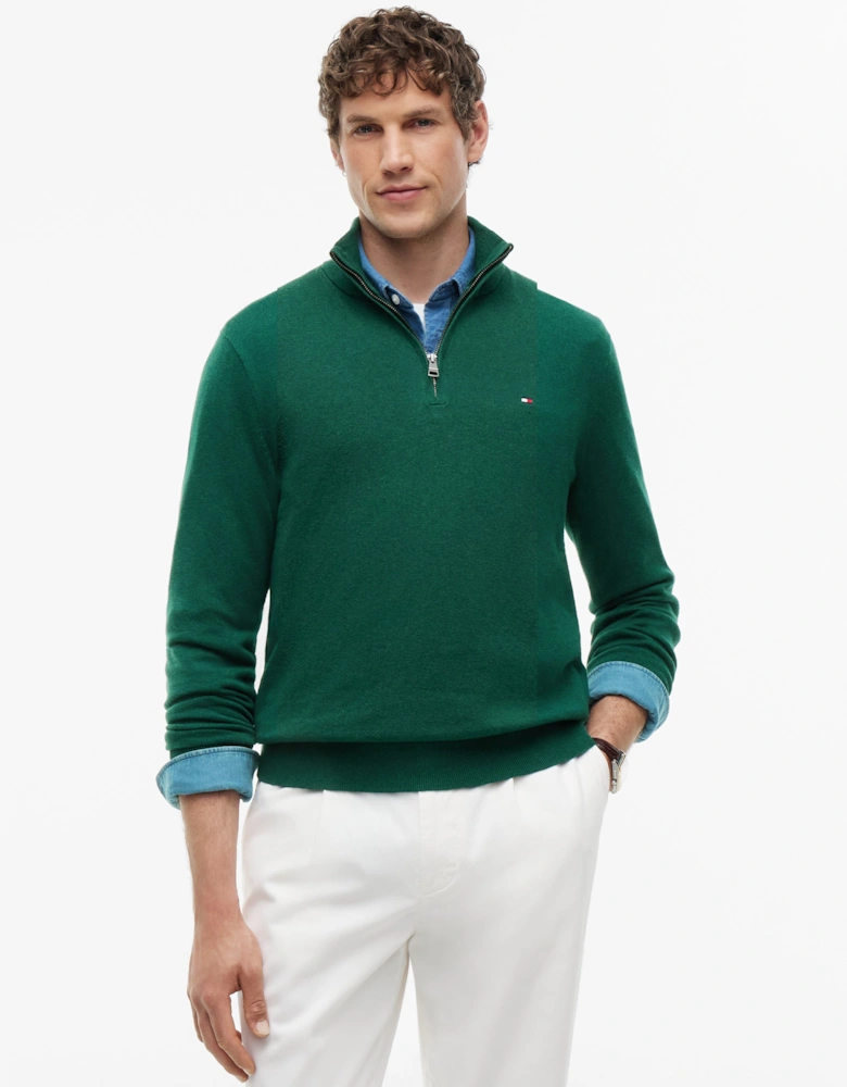 Tommy Hilfiger Organic Cotton Cashmere Mens Zip-Mock Sweater - Ornamental Green Heather