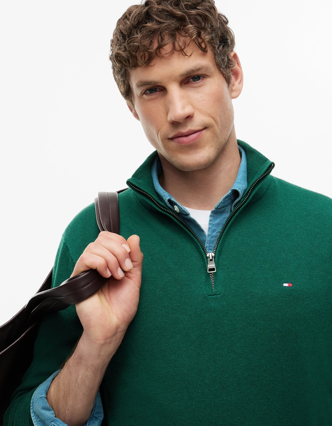 Tommy Hilfiger Organic Cotton Cashmere Mens Zip-Mock Sweater - Ornamental Green Heather