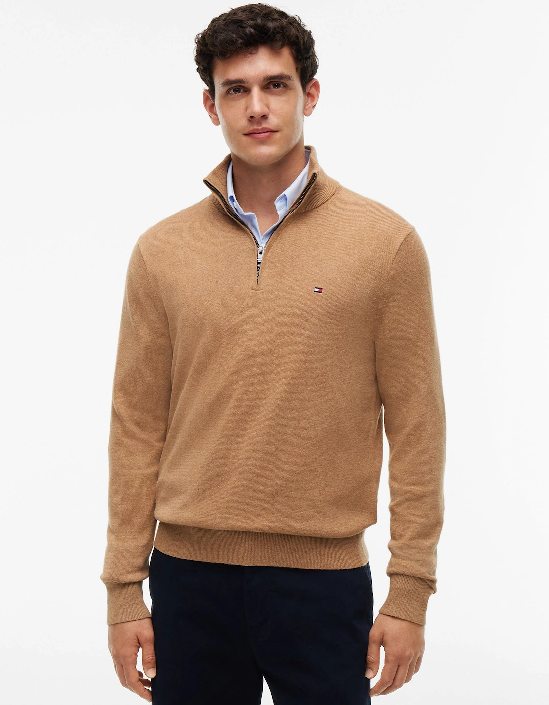 Tommy Hilfiger Organic Cotton Cashmere Mens Zip-Mock Sweater - Safari Canvas Heather
