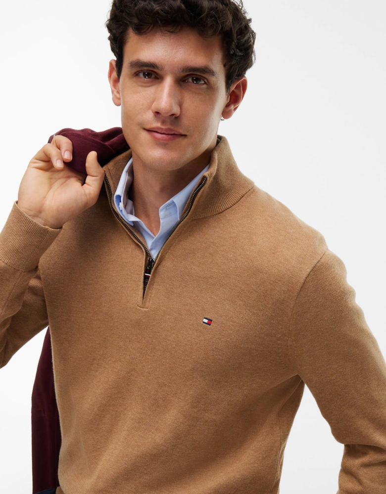 Tommy Hilfiger Organic Cotton Cashmere Mens Zip-Mock Sweater - Safari Canvas Heather