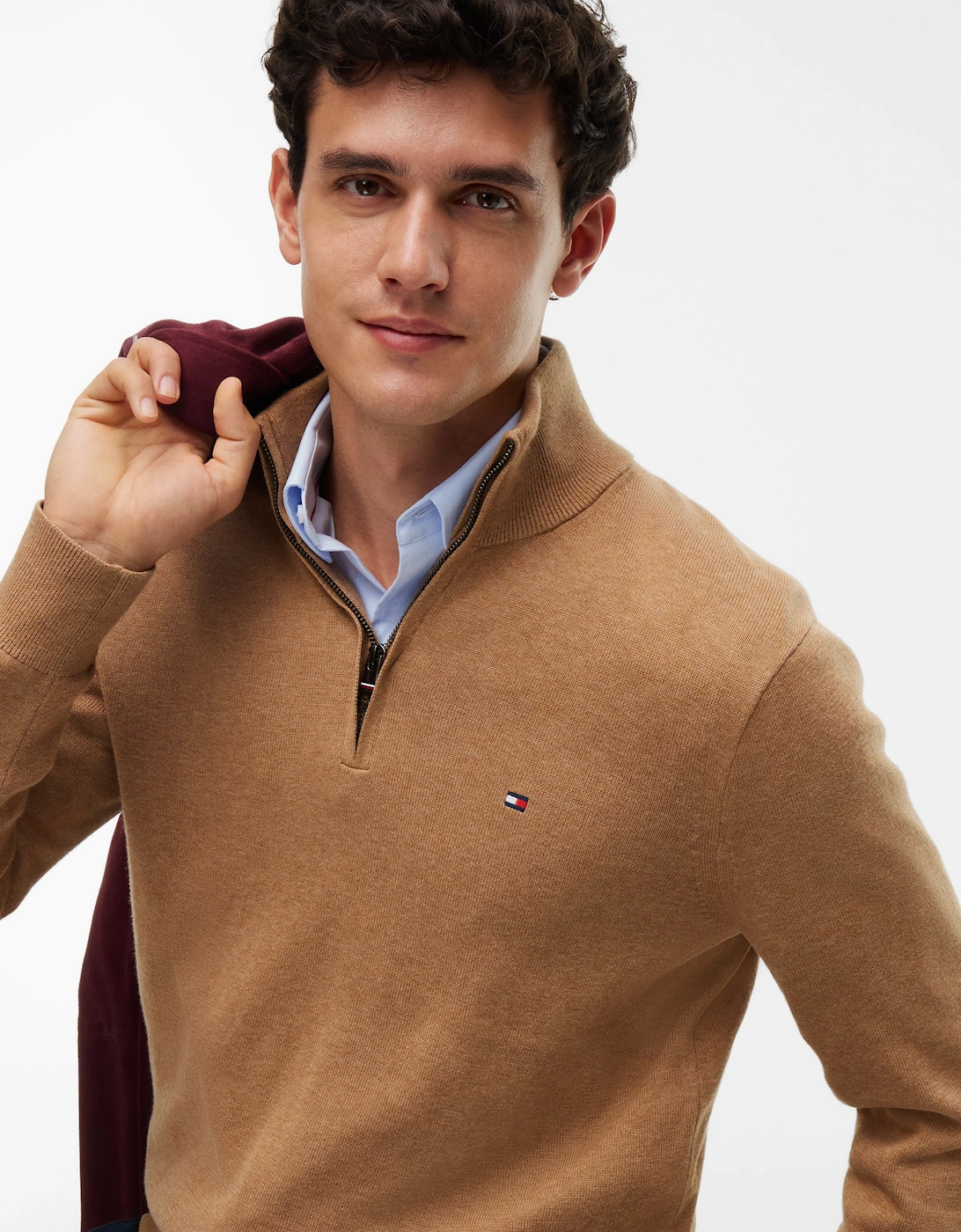 Tommy Hilfiger Organic Cotton Cashmere Mens Zip-Mock Sweater - Safari Canvas Heather