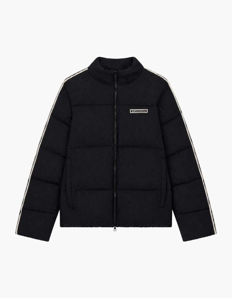 Tape Logo Black Funnel Neck Puffer Jacket
