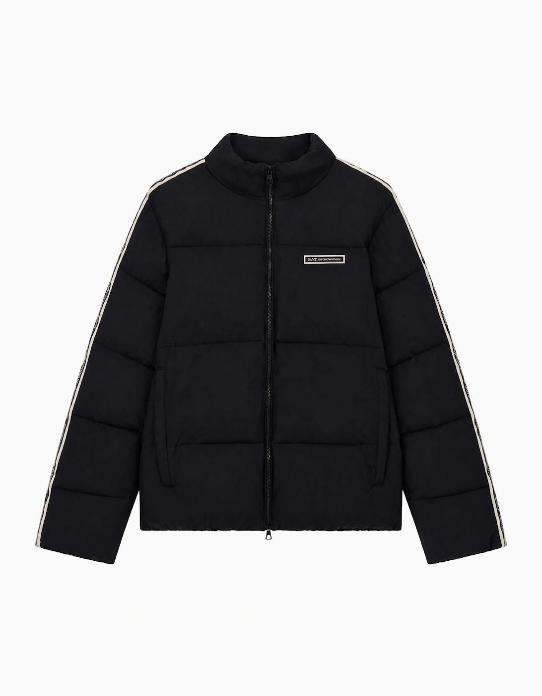 Tape Logo Black Funnel Neck Puffer Jacket