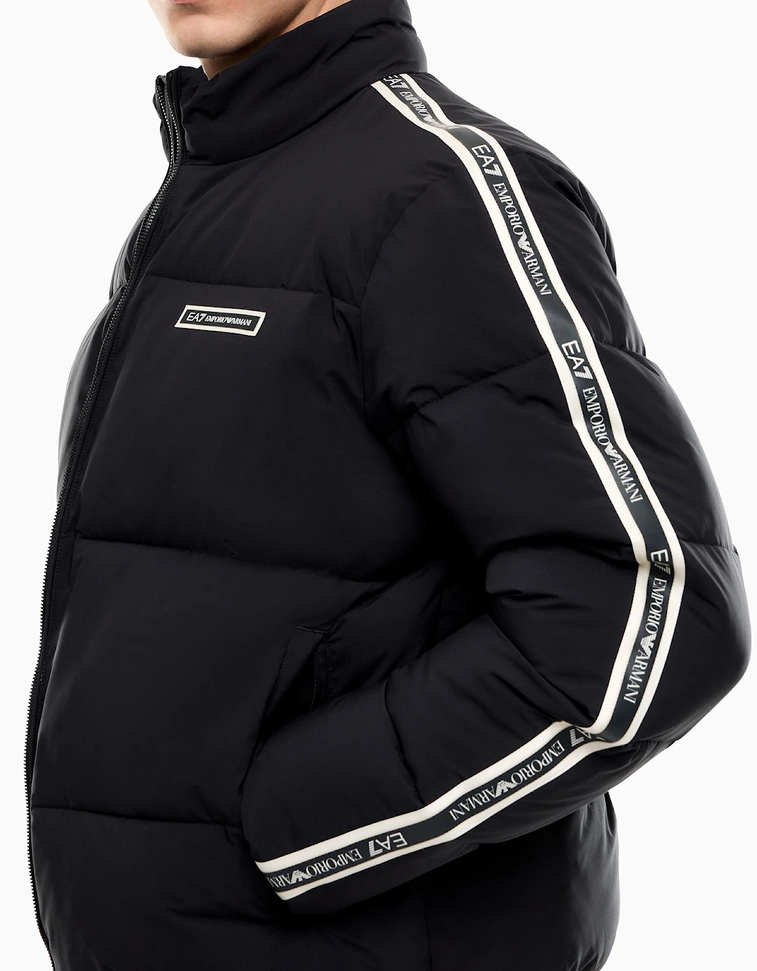 Tape Logo Black Funnel Neck Puffer Jacket