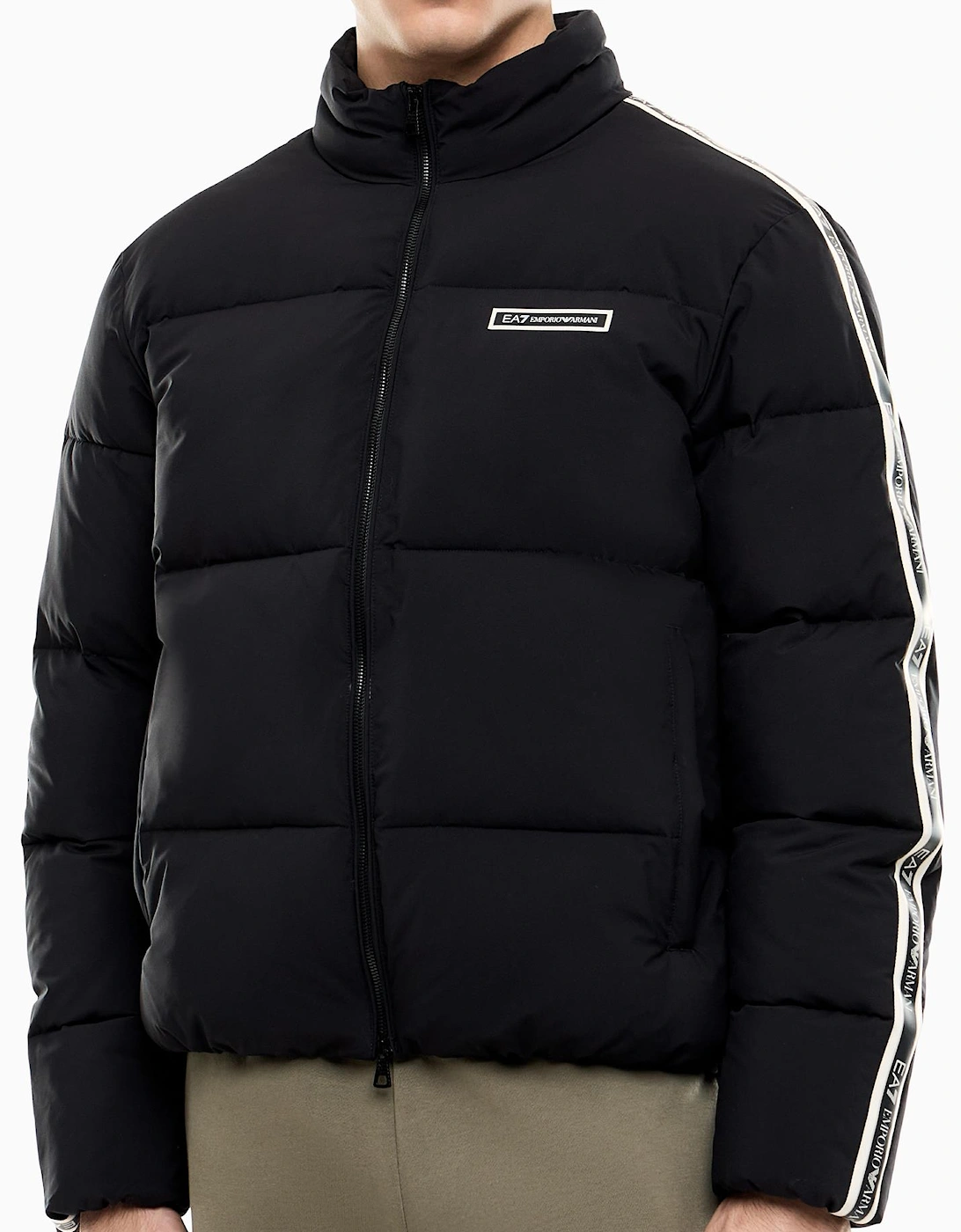 Tape Logo Black Funnel Neck Puffer Jacket
